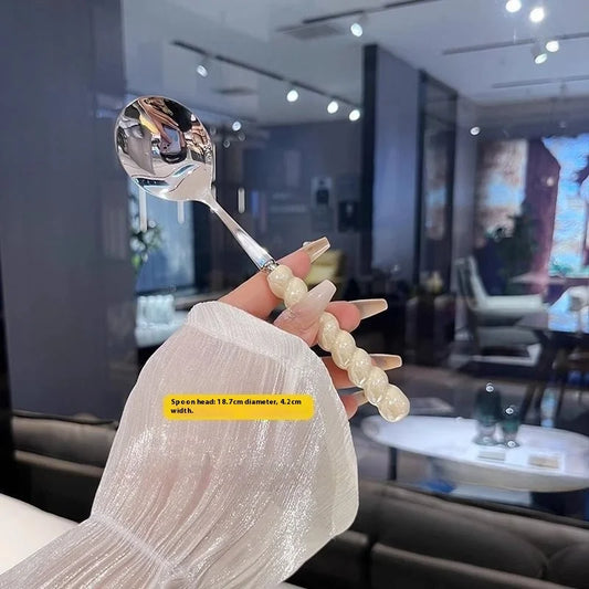 2026 New 304 Stainless Steel Spoon Girl Pearl Five-color Imitation Ceramic Handle Spoons Household Long Handled Dining Spoon Peaceful Pleasures Health and Wellness YELLOW