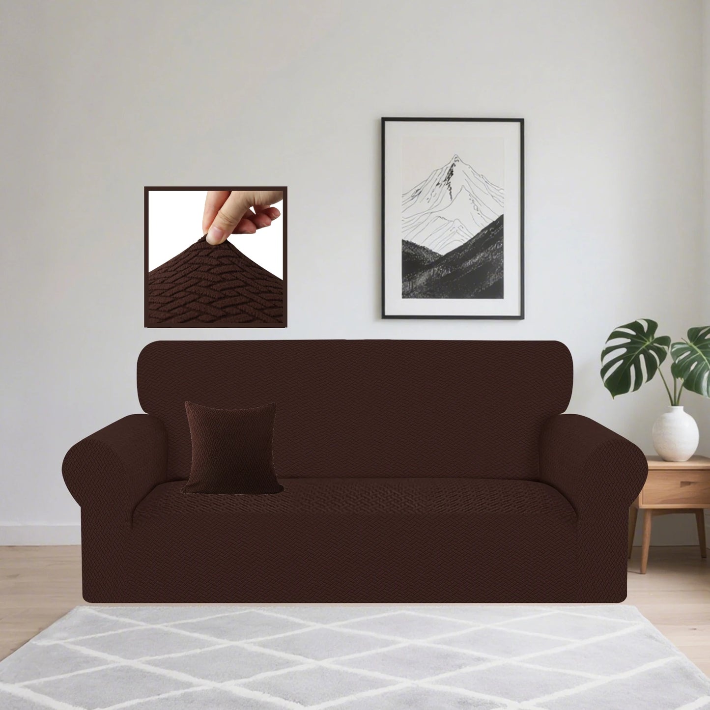 Stretch Sofa Cover Jacquard Spandex Elastic Sofa Slipcovers Couch Covers for Living Room Pets Kids Dogs Furniture Protector Peaceful Pleasures Health and Wellness Coffee 3 Seater 190-230 cm