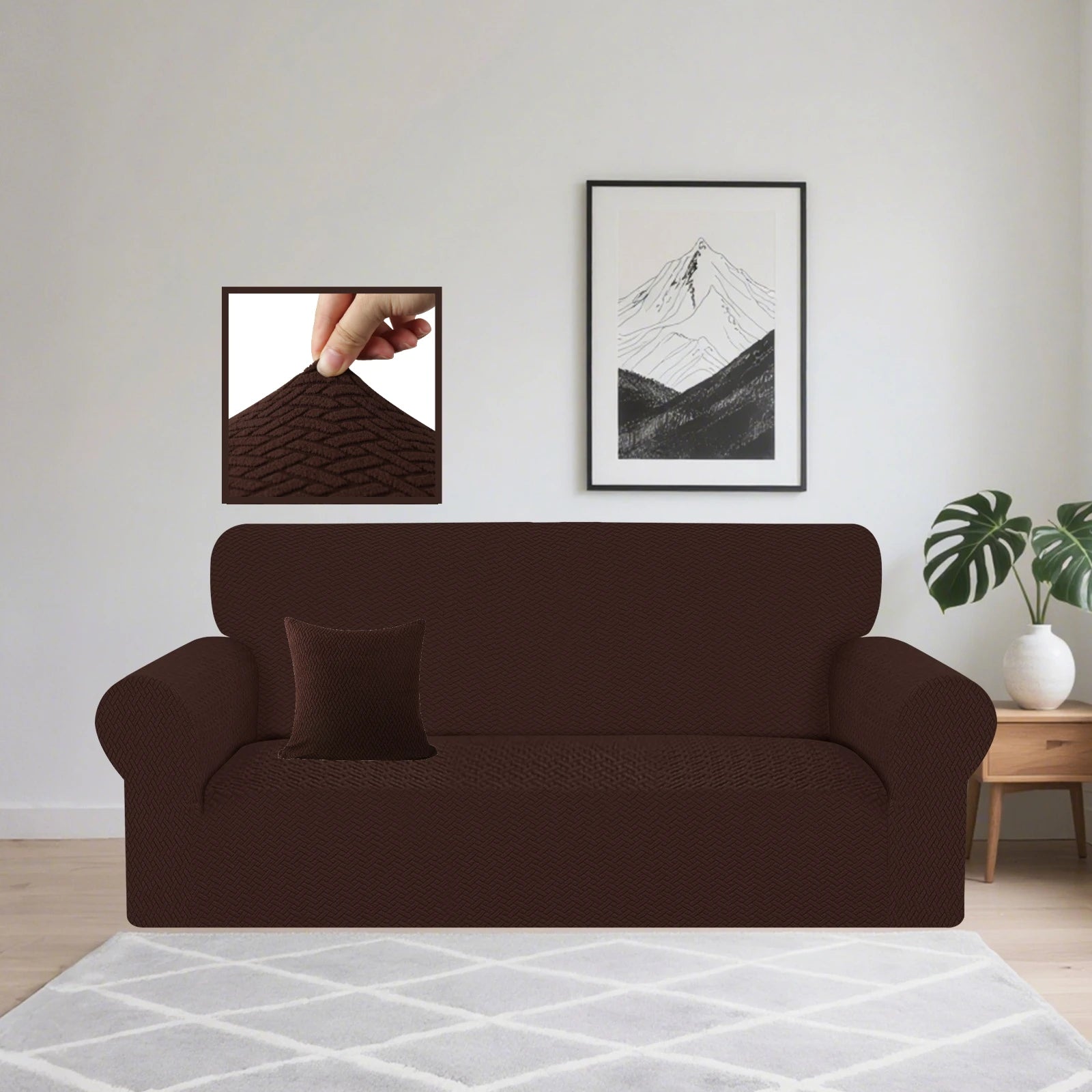 Stretch Sofa Cover Jacquard Spandex Elastic Sofa Slipcovers Couch Covers for Living Room Pets Kids Dogs Furniture Protector Peaceful Pleasures Health and Wellness Coffee 3 Seater 190-230 cm