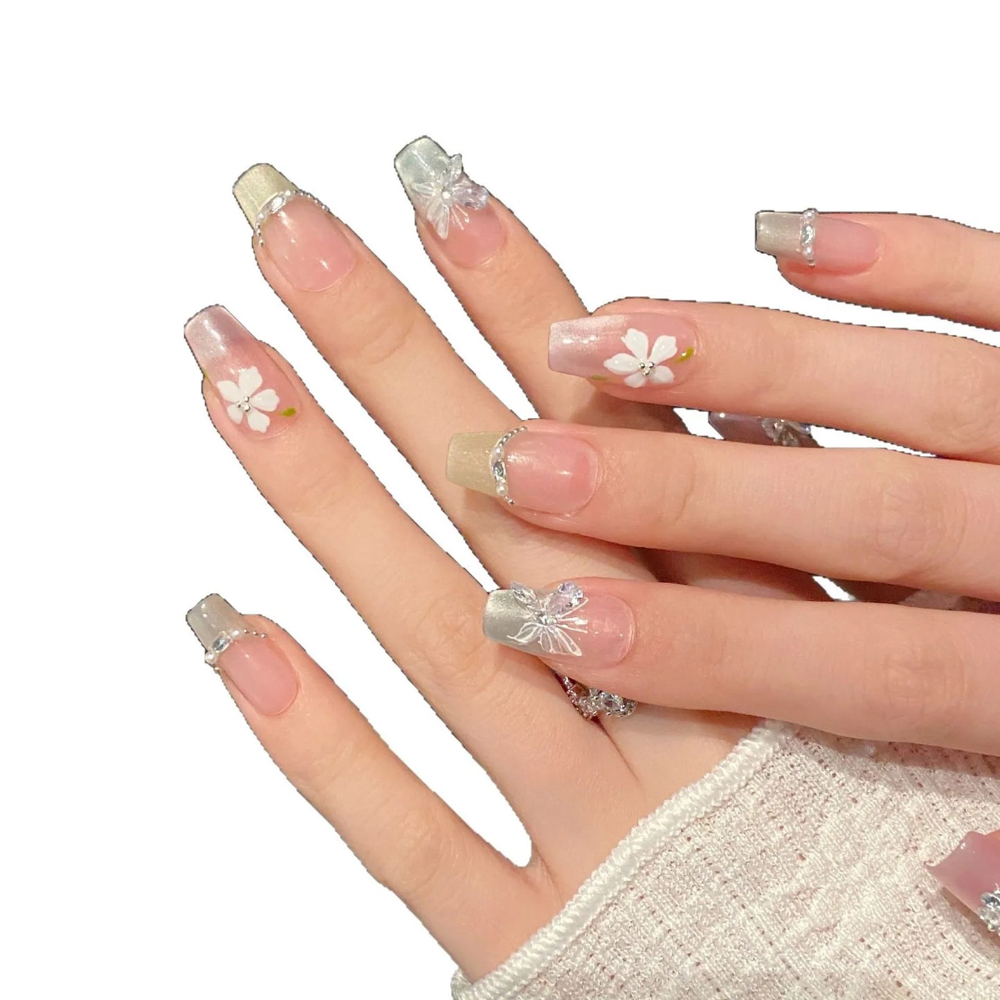 Press On Nails Pink Green Cat Eye Butterfly | Korean French Style
