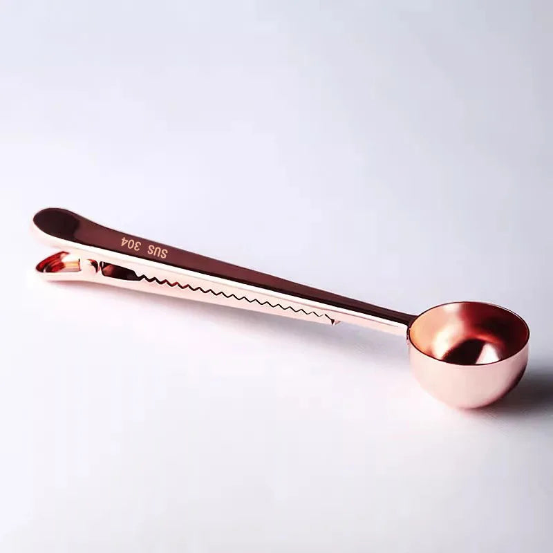 2-in-1 Coffee Scoop Stainless Steel Coffee Powder Measuring Scoop with Sealing Clip Tea Milk Powder Scoop Coffee Accessories Peaceful Pleasures Health and Wellness rose gold