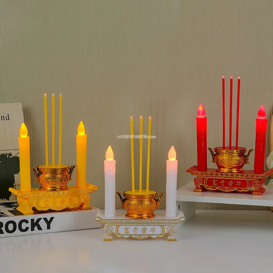 1PCS LED Electronic Incense Burner Red Candle Holder Home Decoration Vintage Candlestick Decor Used for Buddhist Hall Enshrined Peaceful Pleasures Health and Wellness