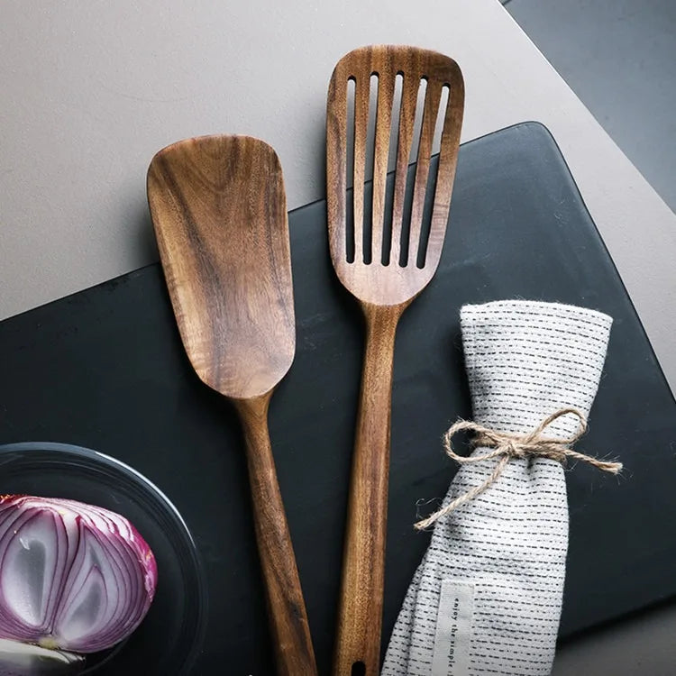 2-Piece Japanese-Style Wooden Spatula & Slotted Shovel Set – Natural Wood Cooking Utensils for Non-Stick Cookware