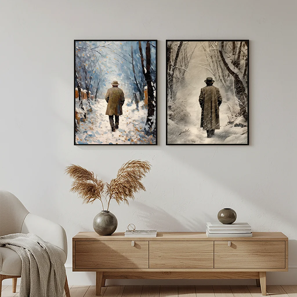 Winter PlantWall Art, Watercolor Walking Man Canvas Painting, Nordic Snowy Landscape Poster Print for Bedroom Living Room Décor Peaceful Pleasures Health and Wellness
