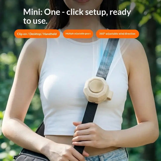 Portable mini clip-on bladeless fan, rechargeable and rotatable with three-speed settings, handheld-free cooling fan for outdoor Peaceful Pleasures Health and Wellness