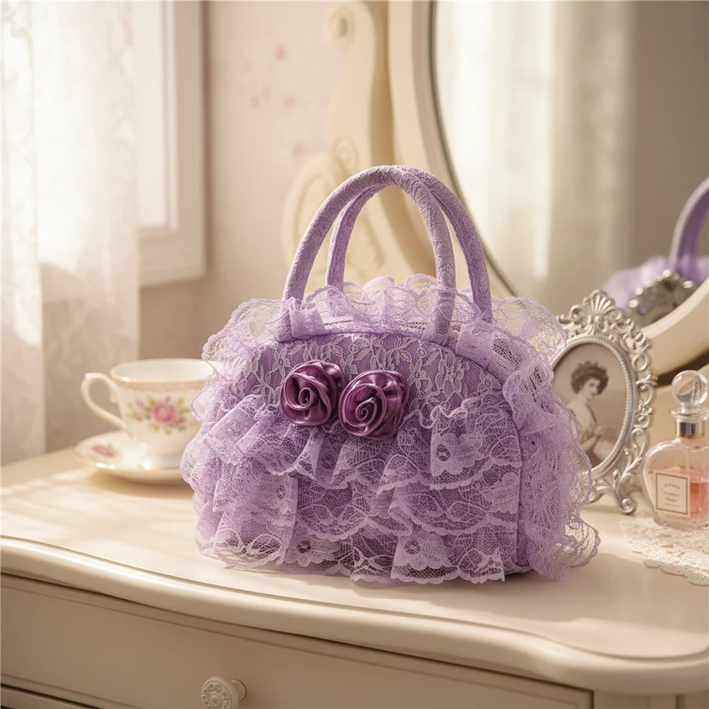 Women Retro Style Handbag With Lace Ruffled Trim For Daily Travle Peaceful Pleasures Health and Wellness