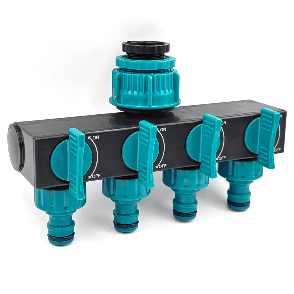 4-Way Water Splitters 1" to 3/4" to 1/2" Thread European Standard Thread Garden Irrigation Watering Connector Fittings Valve Peaceful Pleasures Health and Wellness Green with black