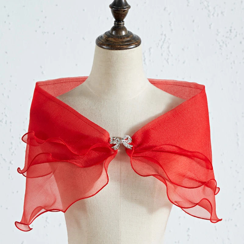 Women Vintage Layered Gauze Shawl Wrap Shrug Rhinestone Buckle Front Wedding Dress Cover Up Sexy Off Shoulder Ruffles Bolero New Peaceful Pleasures Health and Wellness Red One Size