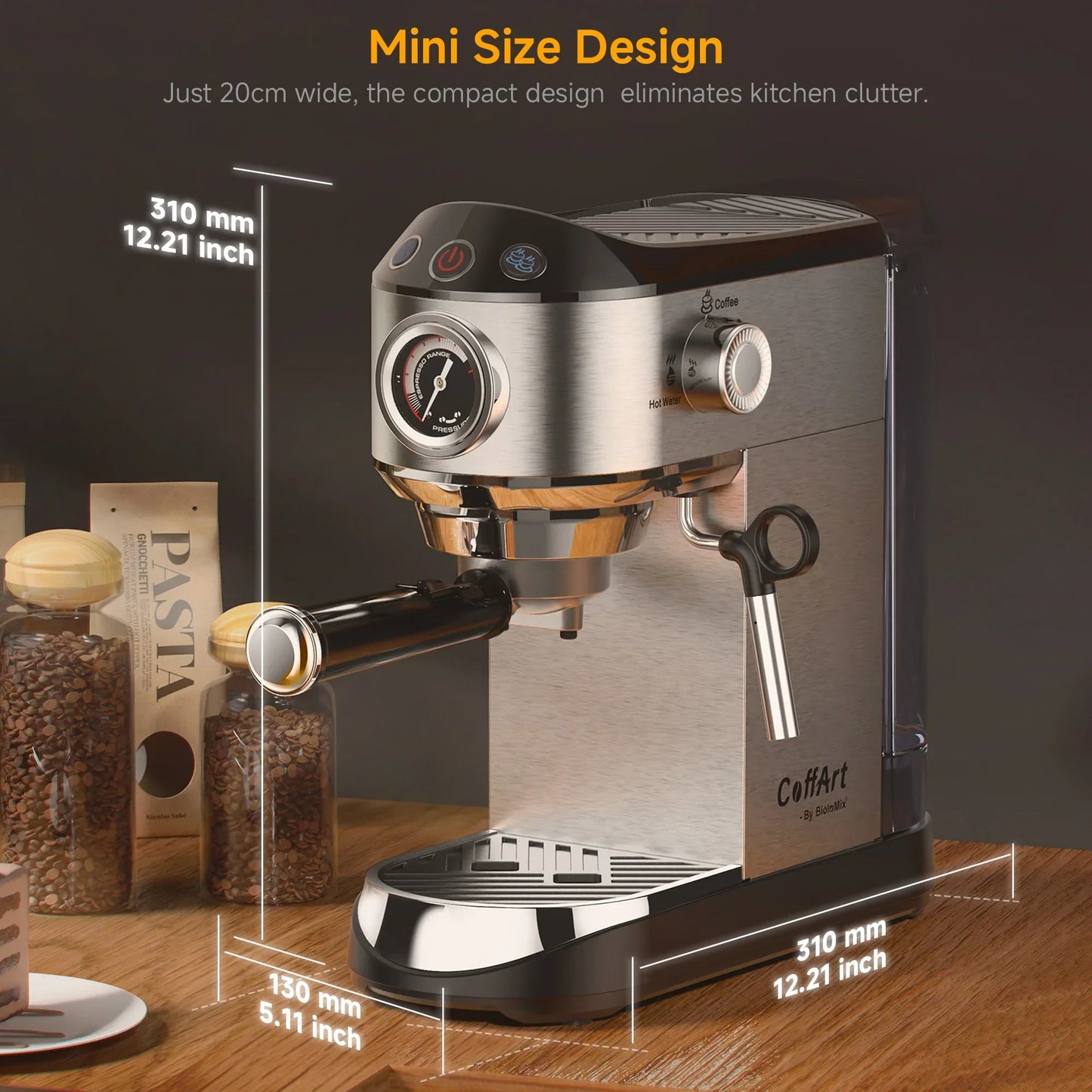 BioloMix 20 Bar Semi-Auto Espresso Machine with Steam Frother – 1350W Coffee Machine Peaceful Pleasures Health and Wellness