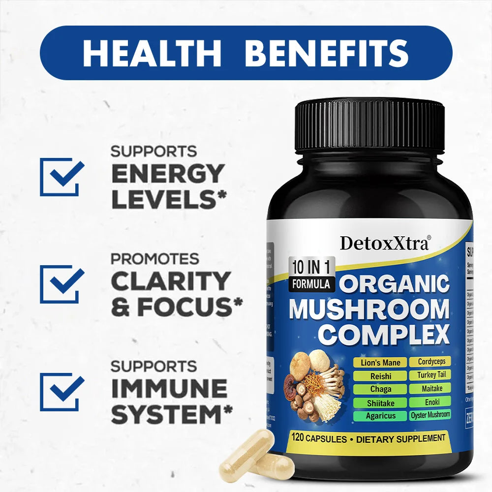 Organic Mushroom Complex Capsules - Cordyceps, Lion's Mane, Reishi, Support Brain Focus, Memory, Mood, Energy & Immune Wellness Peaceful Pleasures Health and Wellness