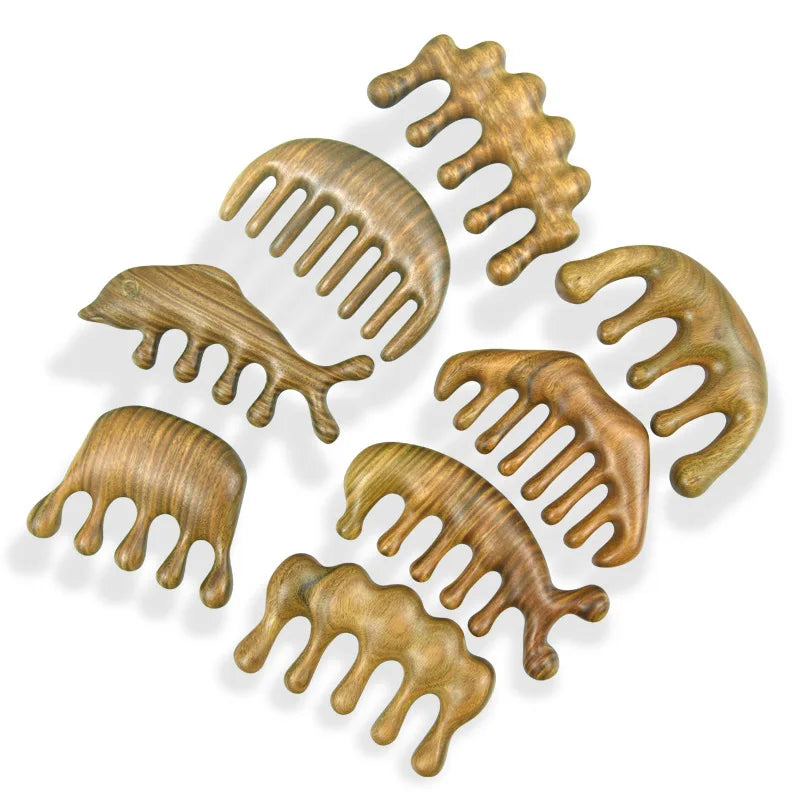 Green Sandalwood Wide Tooth Comb Head Meridian Massage Comb Acupuncture Therapy Blood Circulation Anti-static Smooth Hair Peaceful Pleasures Health and Wellness