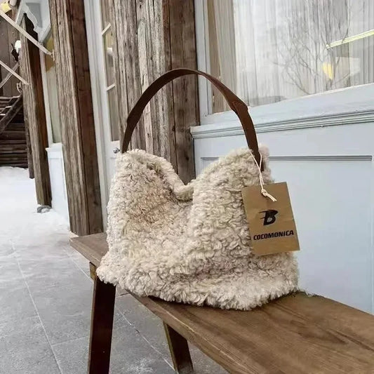 Autumn Winter New Lamb Wool Tote Bag Loose Plush Shoulder Bag Large Capacity Furry Crossbody Bag Fashionable and Versatile New Peaceful Pleasures Health and Wellness