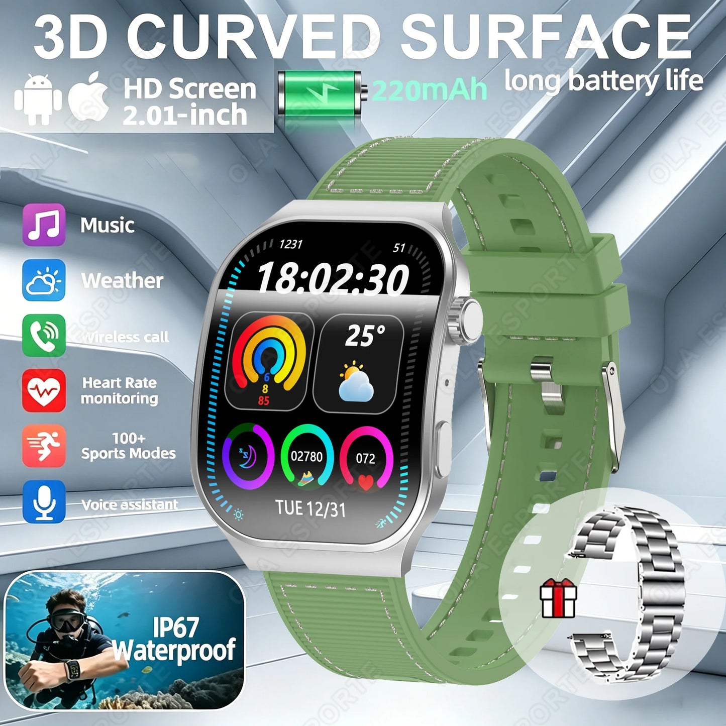 2026 New Bluetooth Call Smart Watch for Men 2.01" HD Curved Screen Sports Watch Health Monitor Smart Watch for Android iOS Peaceful Pleasures Health and Wellness Silver22Szstrap