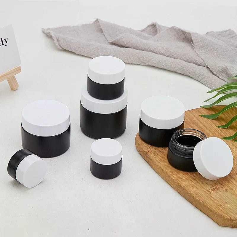 Plastic Lid Empty Jars Black Glass Cream Jar Cosmetic Container 10/30/60g Glass Bottle Make Up Container Travel Cosmetic Jars Peaceful Pleasures Health and Wellness