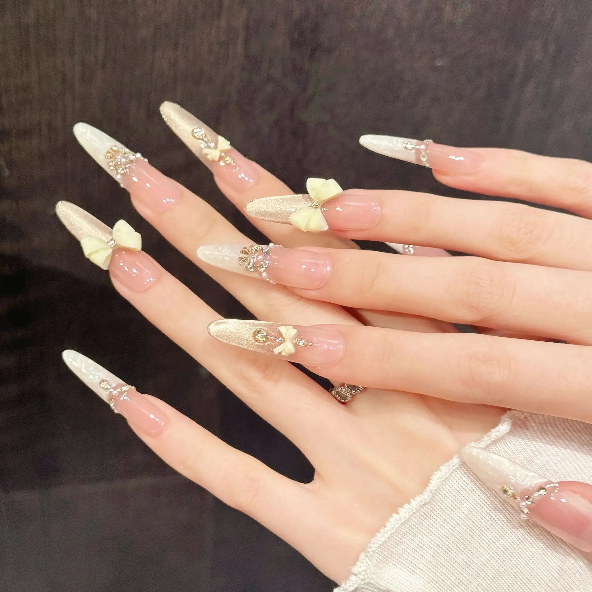 10pcs Handmade Cat's Eye Nail Art Press on Nails 3D Bow Light Luxury False Nails Wearable Pink Gentle French Fake Nails Decor Peaceful Pleasures Health and Wellness L