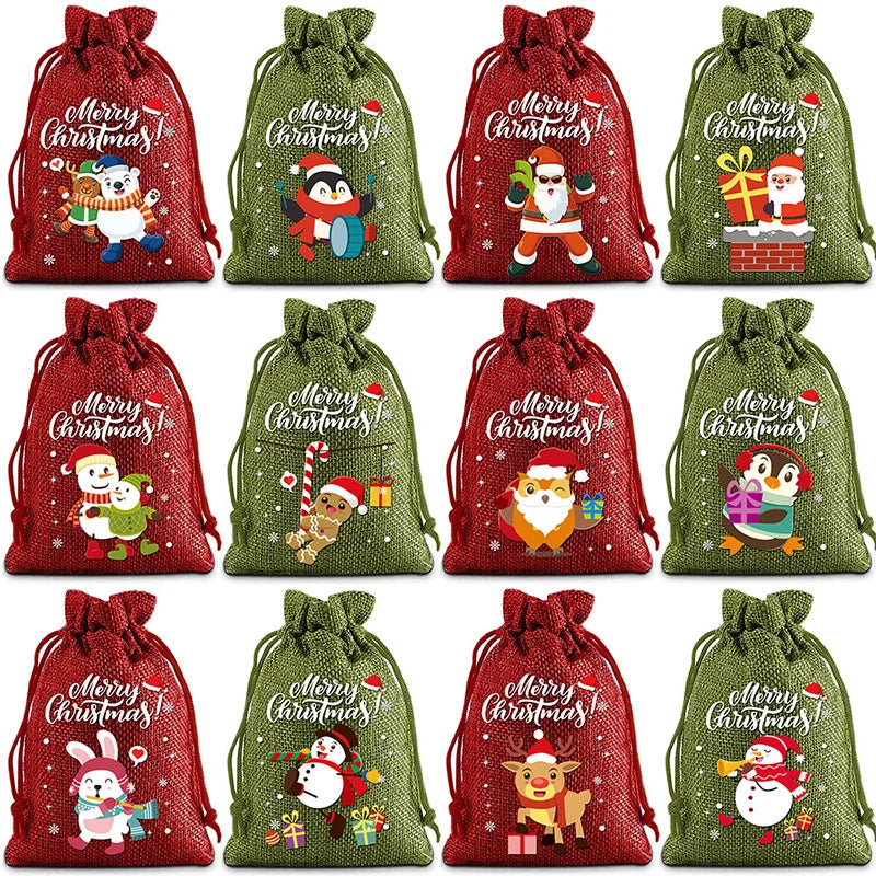 6/12PCS Christmas Linen Drawstring Bags Candy Biscuits Pouchs Burlap Bracelet Jewelry Storage Bags Gift Packaging Bags Peaceful Pleasures Health and Wellness Red Green 12PC 10x14cm