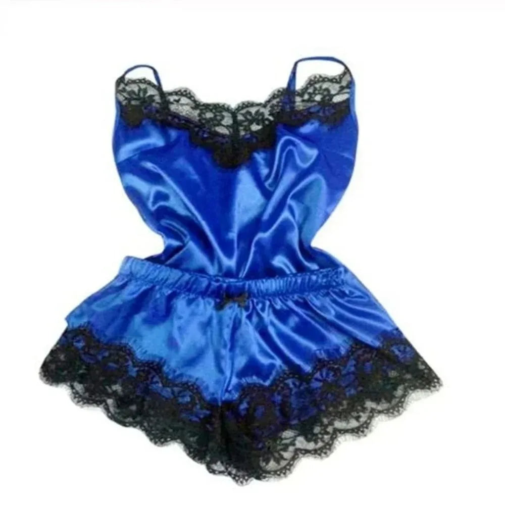 Women's Satin Lace Bowknot Pajama Set – Camisole & Shorts Women's Pajama Set Peaceful Pleasures Health and Wellness Blue One Size