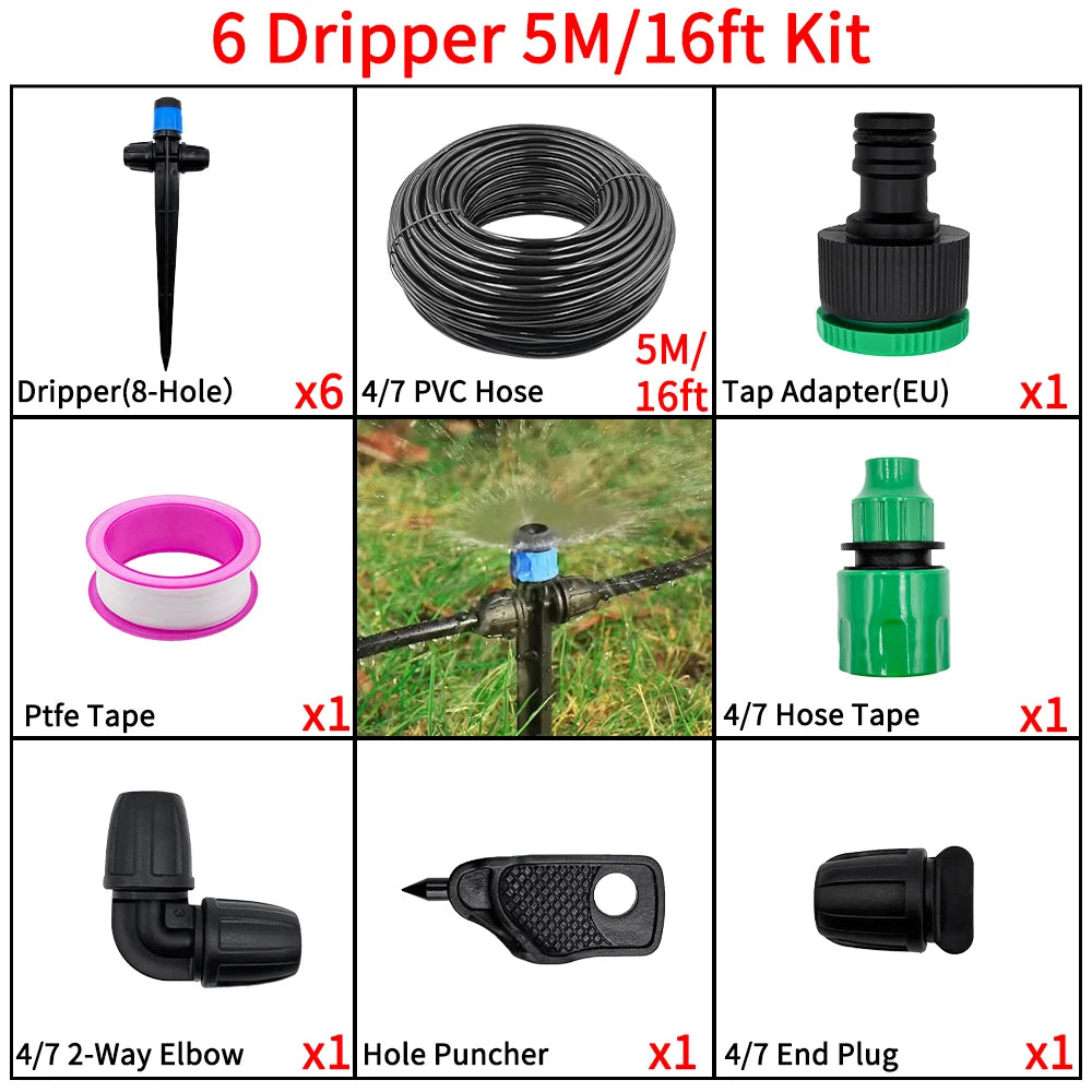1/4" Drip Irrigation System Kit-Adjustable Flow, Sprayer with Lock Barbed Automatic Watering, for Garden, Farm, Bonsai, Flowers Peaceful Pleasures Health and Wellness 5M