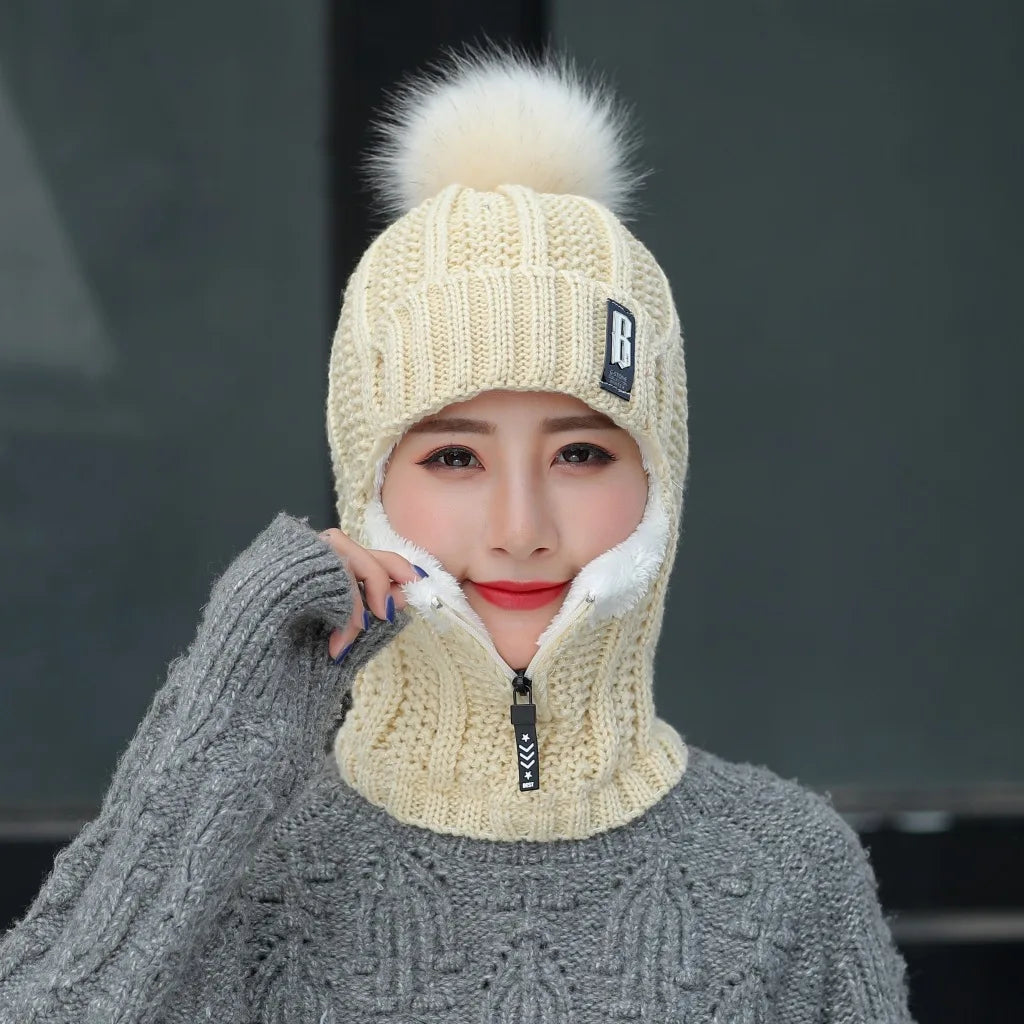 Women's 2-in-1 Scarf Beanie Hat with Zipper, Fashion & Warm Knitted Cap with Pompom, Thickened Coldproof Snow Hood for Outdoor Peaceful Pleasures Health and Wellness Beige