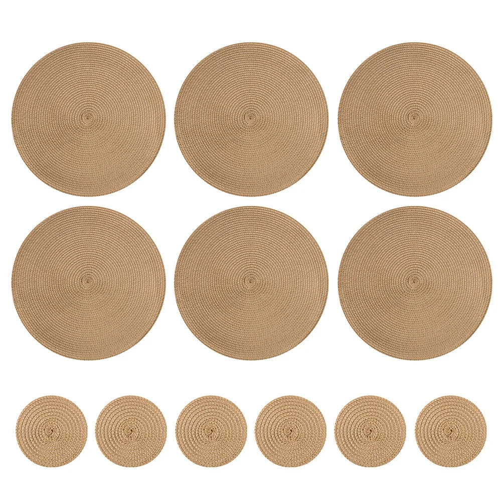 12pcs Round Braided Table Mat Washable Placemats Anti Slip Dining Tableware Bowl Pads Home Kitchen Decor Drink Cup Pad Coasters Peaceful Pleasures Health and Wellness Gold 6xPlacemat 6xCoaster