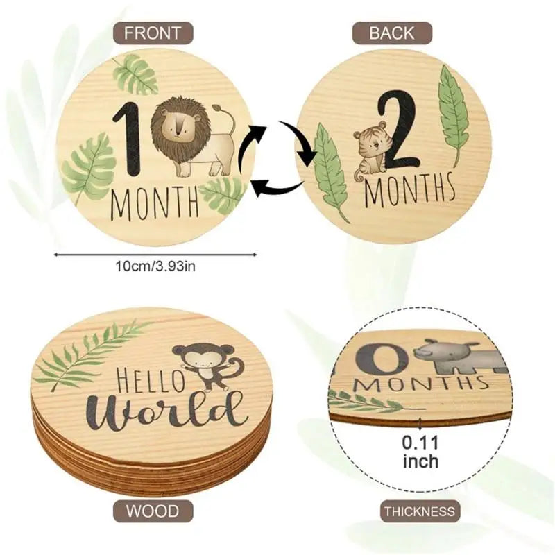 Baby Monthly Milestone Cards | Double-Sided Wooden Animal Props