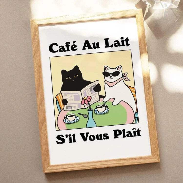 Cartoon Cat Canvas Wall Art Print | Café Au Lait Kids Room Decor
