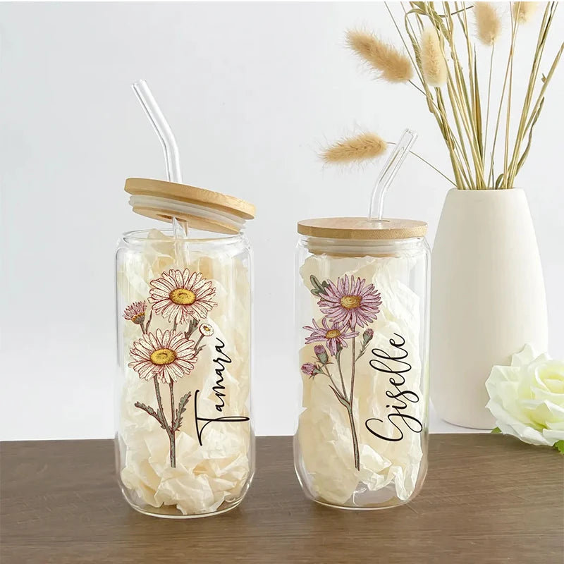 Personalized Name Birth Flower Glass Cup with Bamboo Lid Straw Birthday Gifts Wedding Bachelorette Party Bridal Shower Decorate Peaceful Pleasures Health and Wellness