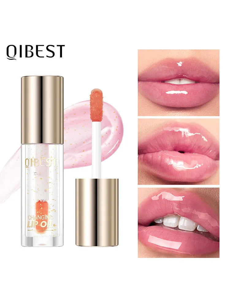 QIBEST Glitter Plumping Lipgloss Jelly Moisturizer Fruit Color Changing Lip Oil Transparent Fullness Lip Tint Gel Makeup LipCare Peaceful Pleasures Health and Wellness Color Changing