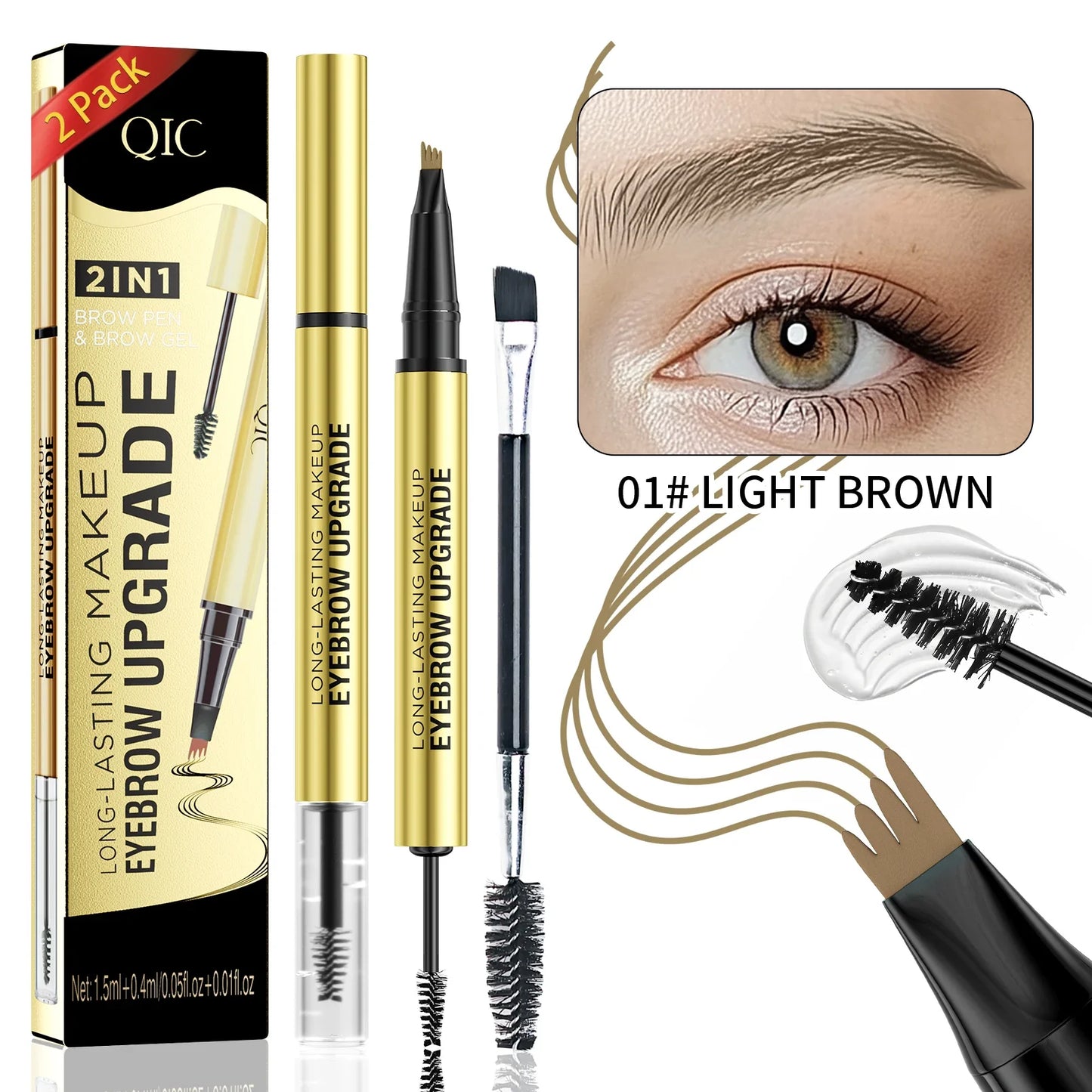 QIC 4-Tip Waterproof Liquid Eyebrow Pen – 5 Colors