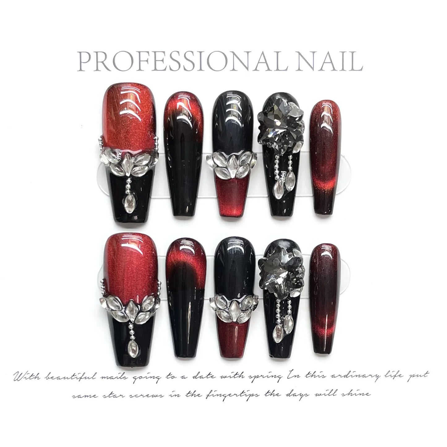Handmade Press on Nails Dark Gothic Y2K False Nails Wearable Silver Stripe Decor Long Almond Spice Girls Wine Red Fake Nail Tips Peaceful Pleasures Health and Wellness L