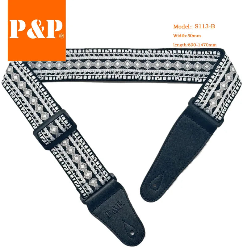 Guitar Strap Embroidered Belt Adjustable Jacquard Band Cotton Leather