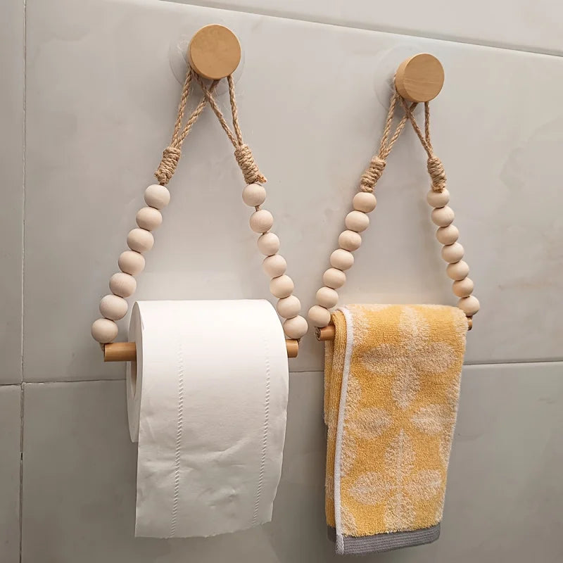 No-drill Toilet Paper Holder Rustic-style Hemp Rope Wooden Ball