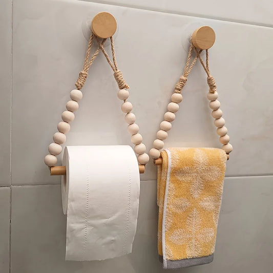 No-drill Toilet Paper Holder Rustic-style Hemp Rope Wooden Ball Peaceful Pleasures Health and Wellness