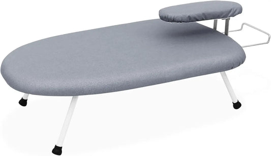 Gray ironing board with a matching cover on a white background