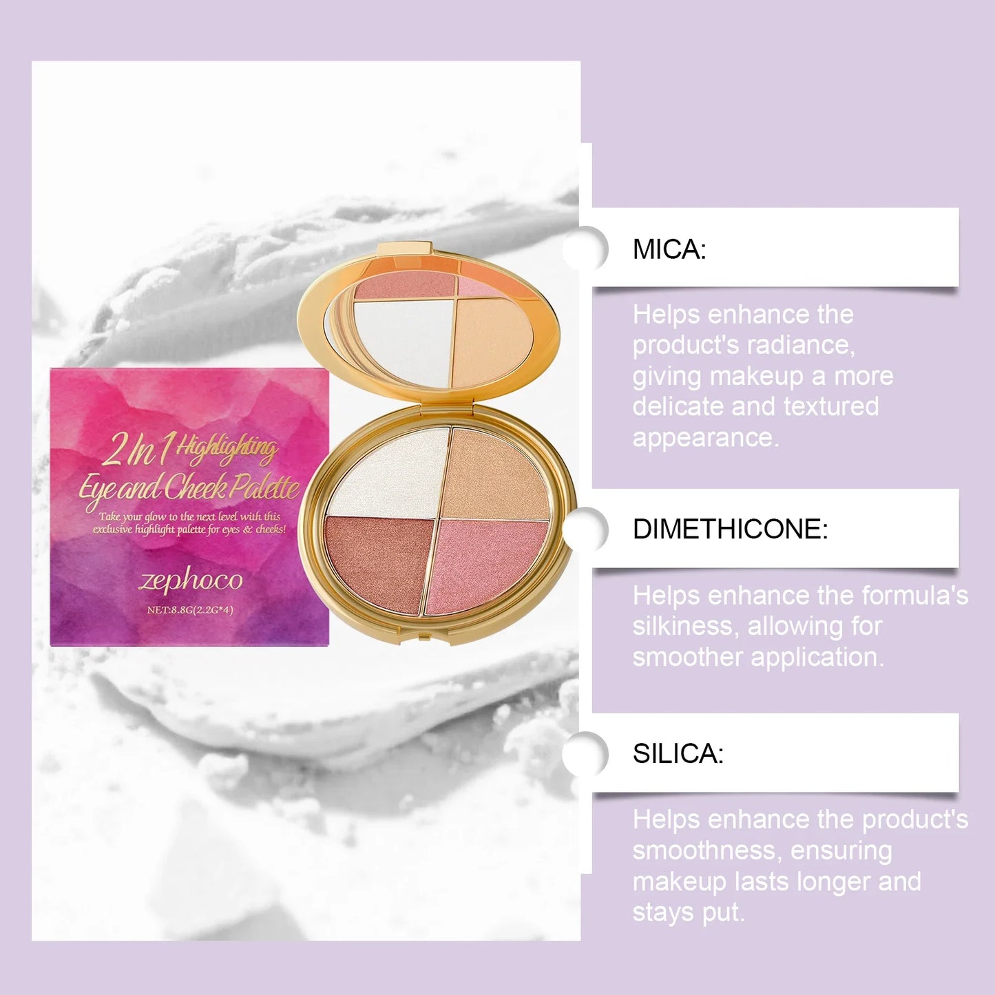 Zephoco 2-in-1 Eye & Cheek Palette – Shimmer Highlight & Blush