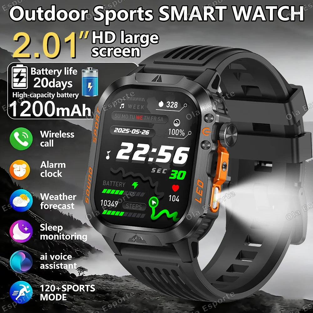 Military Outdoor Smartwatch Men | LED Flashlight, BT Calling