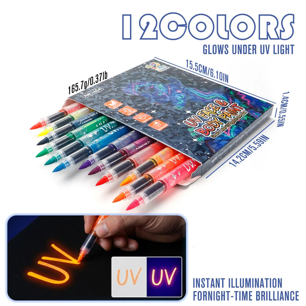 Glow in The Dark Face Paint Markers, UV Neon Body Paint Pens, Waterproof & Skin-Safe Blacklight Tattoo Markers, Washable Peaceful Pleasures Health and Wellness 12pcs mix color