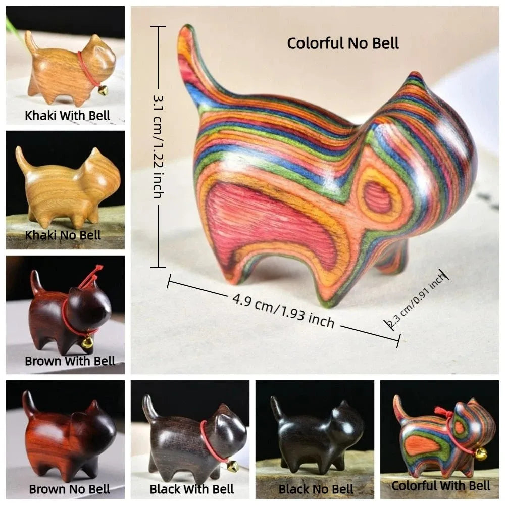 Handmade Wooden Cat Figurine with Bell | Natural Wood Decor
