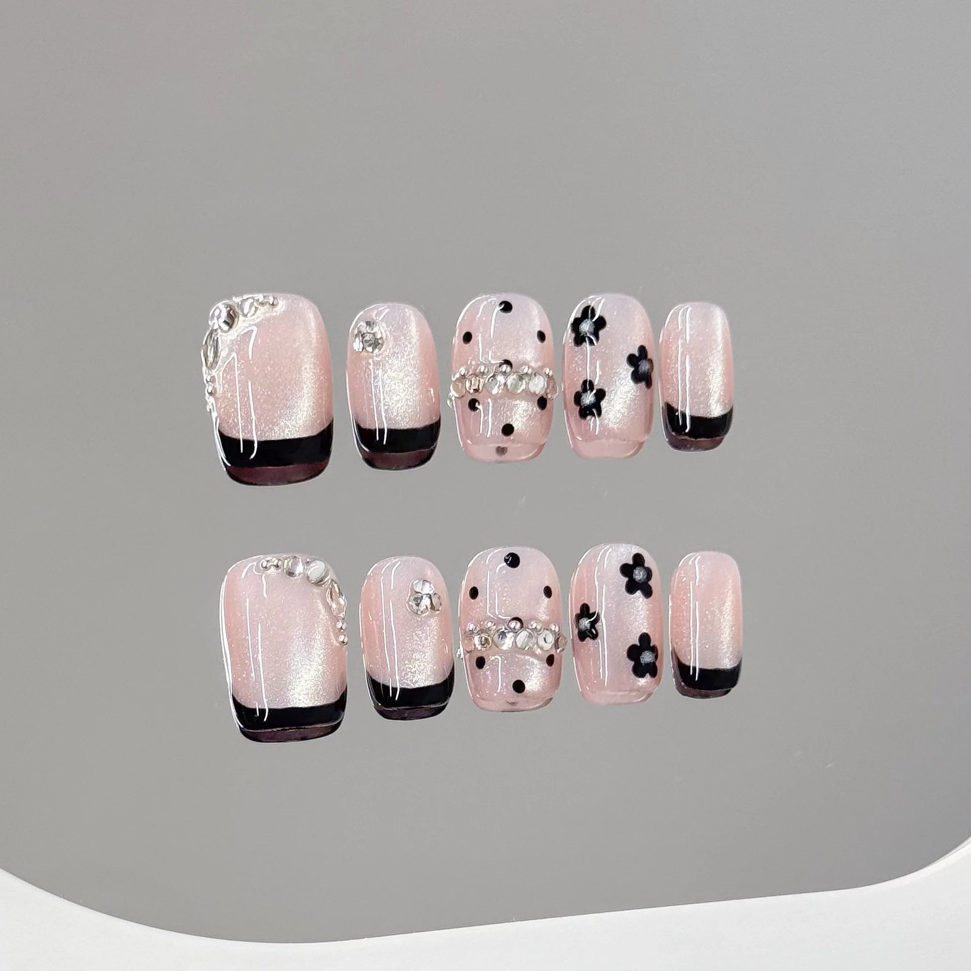 Handmade Pink French Floral Press On Nails | Short Round 10pcs Press On Nails Peaceful Pleasures Health and Wellness
