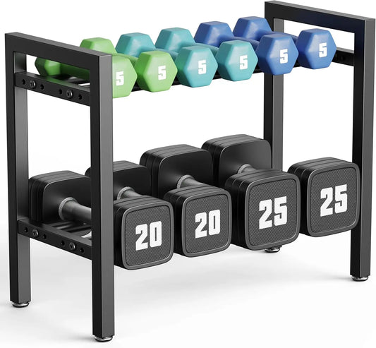 Dumbbell set with weights 5, 20, and 25 on a black rack against a white background