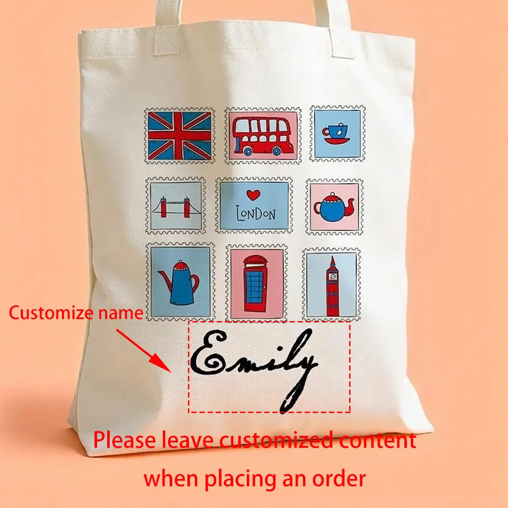 Custom Name London Canvas Tote Bag | Iconic British Design