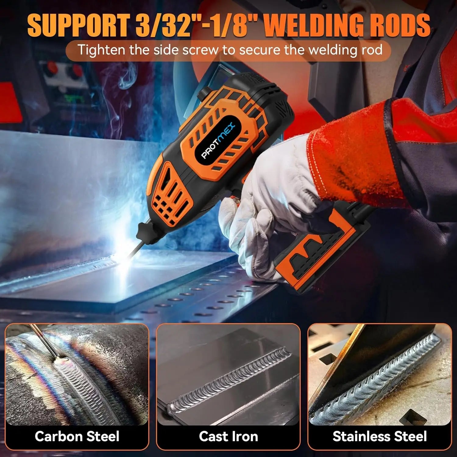 Person welding metal with a ProWeldx welding gun, showing weld results on carbon steel, cast iron, and stainless steel.