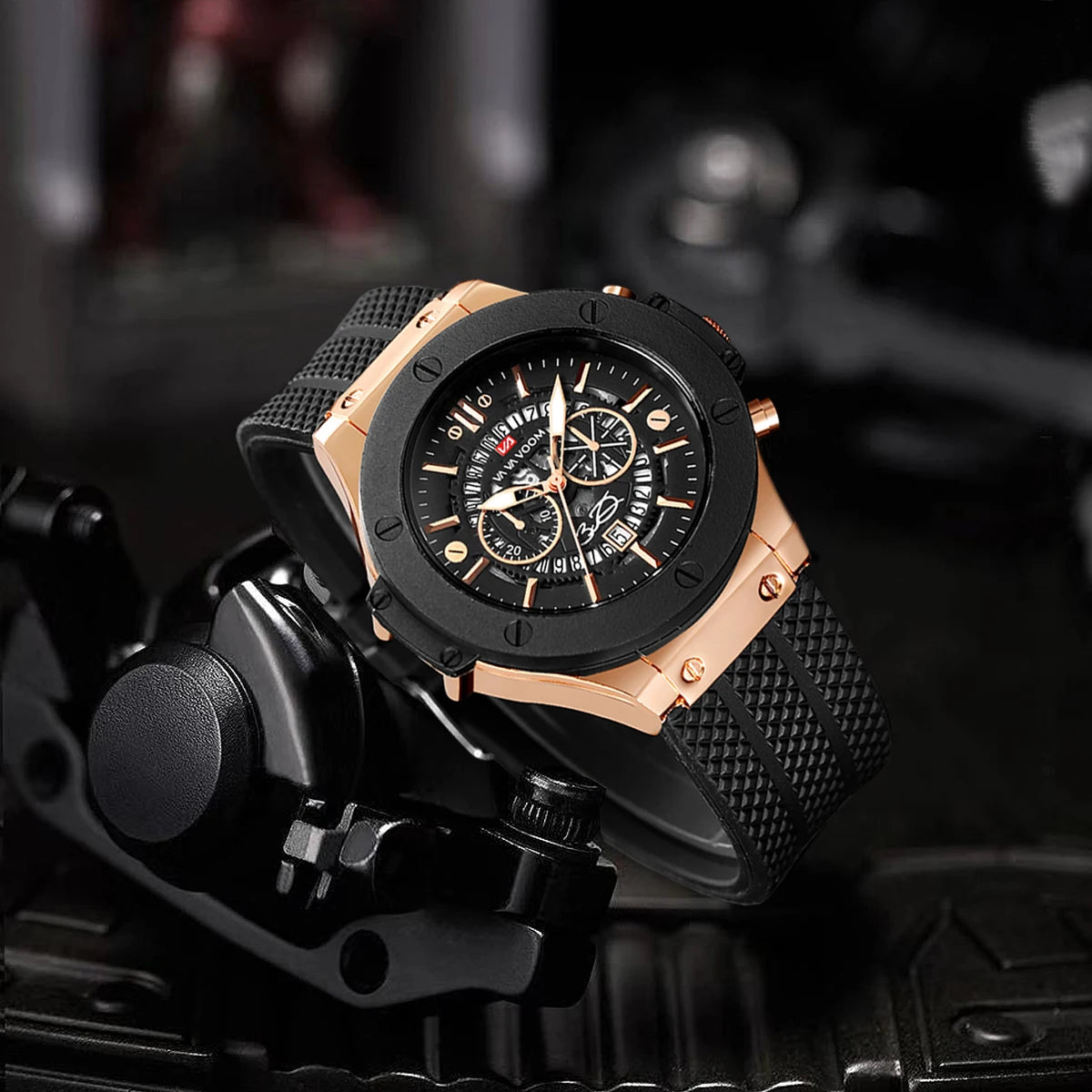 Black Silicone Mens Hand 46mm Hollowed Out Large Dial Rose Gold Fashionable Military Style Original Quartz Movement Sports Watch Peaceful Pleasures Health and Wellness