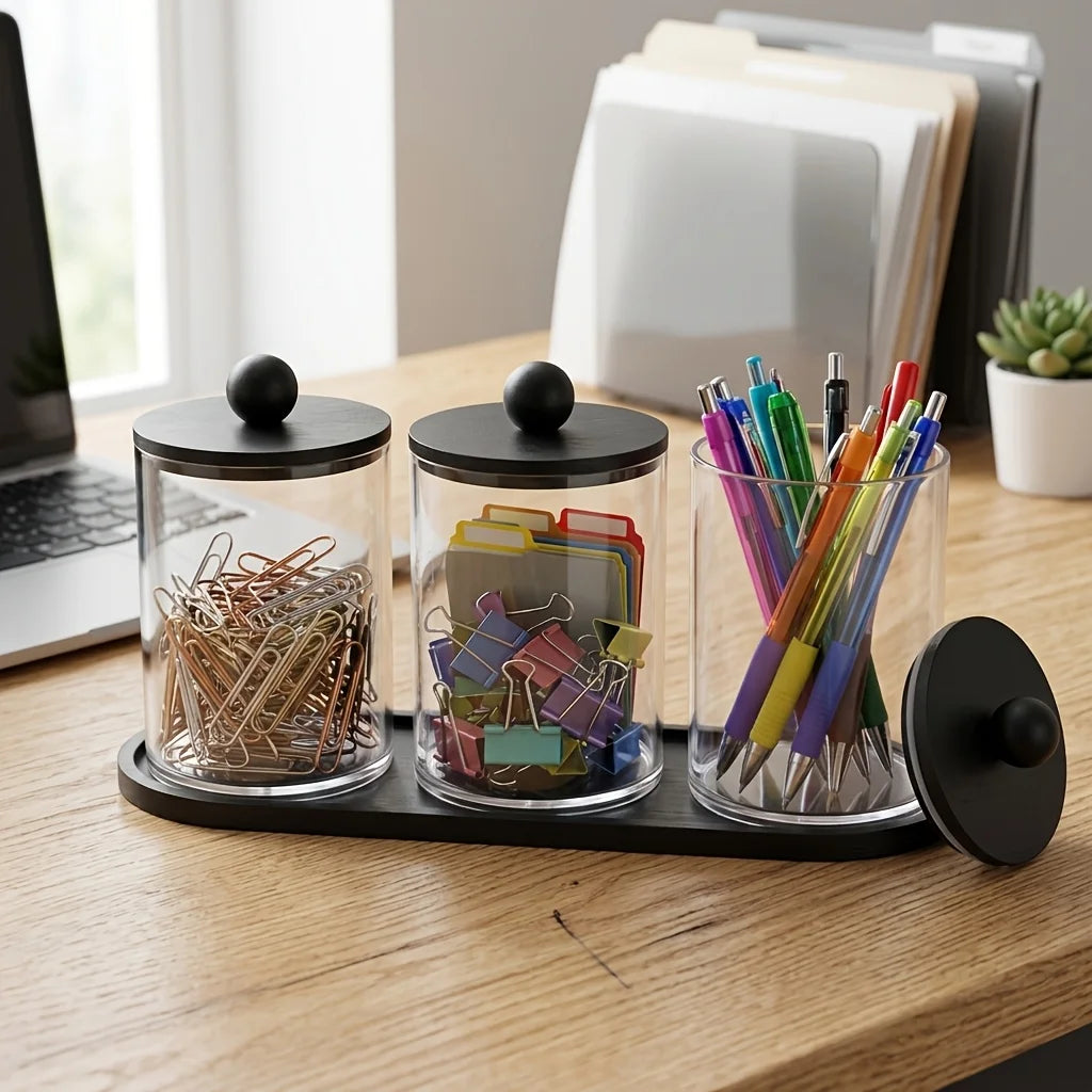 3-Pack Q-Tip Holder & Apothecary Jar Set with Tray – Cotton Swab & Dental Floss Organizer