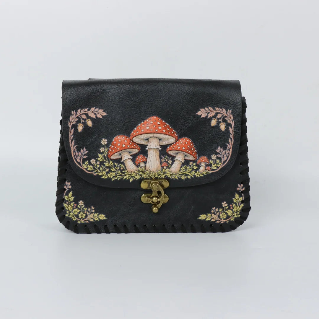 Vintage Mushroom Floral Print Black Faux Leather Belt Pouch Medieval