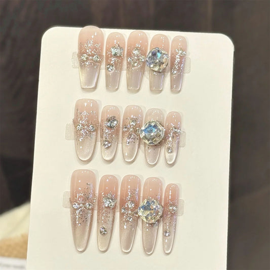 10pcs Handmade Press on Nails French Cat's Eye Fake Nails with Flash Rhinestones Decor Wearable Shiny Gradient False Nail Tips Peaceful Pleasures Health and Wellness