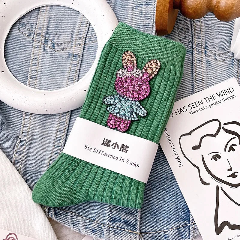 Diamond Cartoon Rabbit Decorative Socks, Fashionable Diamond Sparkling Women's Socks, Comfortable And Breathable Christmas Socks Peaceful Pleasures Health and Wellness green One Size