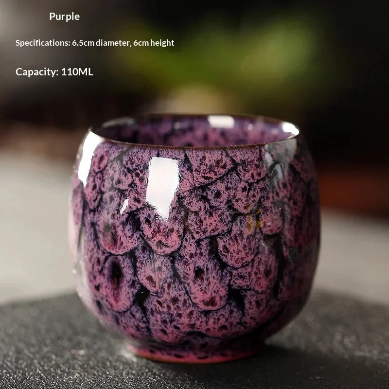 New Ceramic Kung Fu Tea Set with Kiln Transformation, Single Cup Tianmu Glaze, Main Tea Tasting Cup, Egg Shaped Small Tea Bowl Peaceful Pleasures Health and Wellness 05 110ML