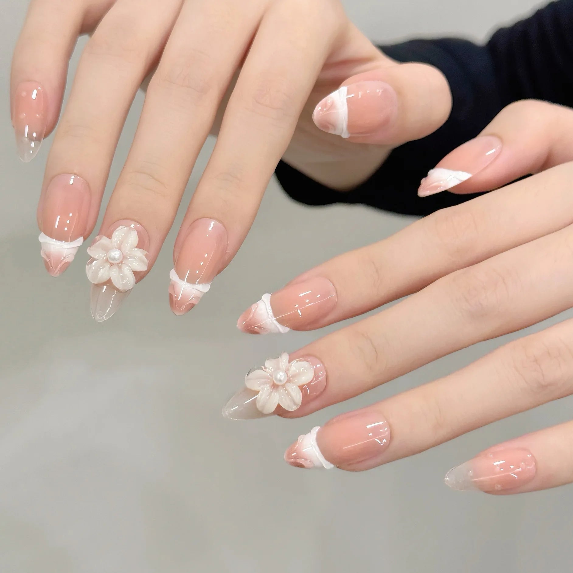 10Pcs Handmade Nude Pink Press on Nails Ins Carved Petal Design Fake Nails Wearable Full Cover French Almond False Nail Tips Peaceful Pleasures Health and Wellness
