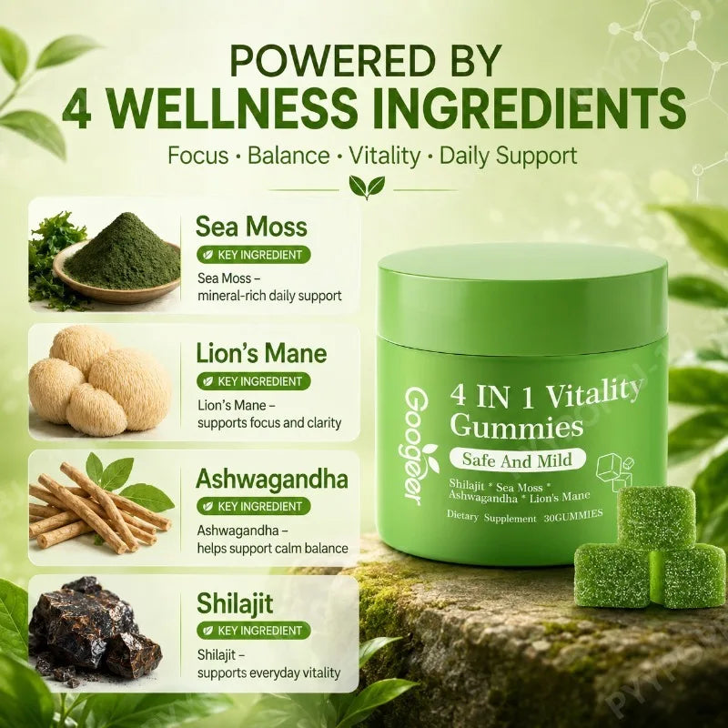 4-in-1 Vitality Gummies: Shilajit, Sea Moss, Ashwagandha & Lion's Mane